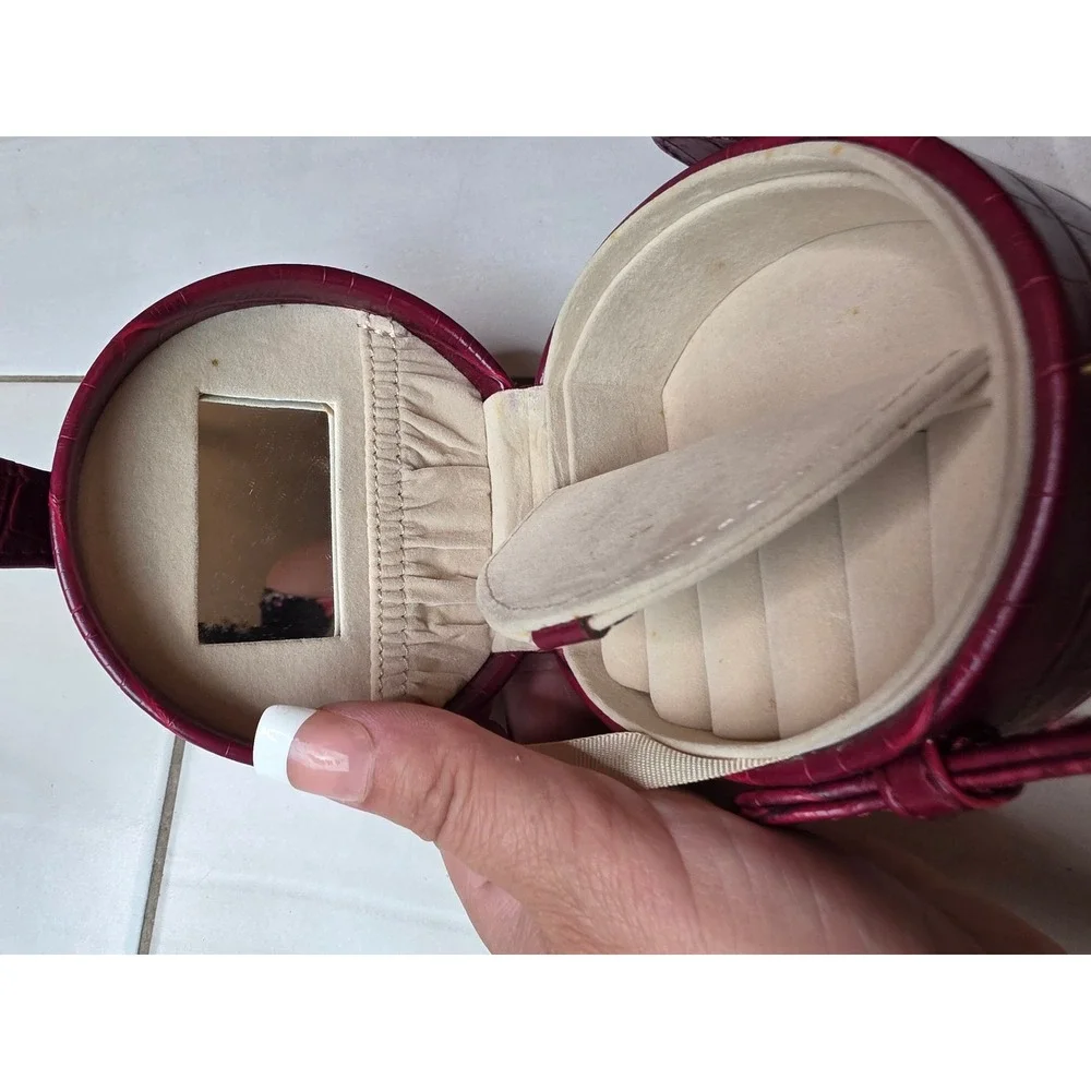 Vintage Burgundy Croc‎ Embossed Round Jewelry Travel Case with Mirror A5
